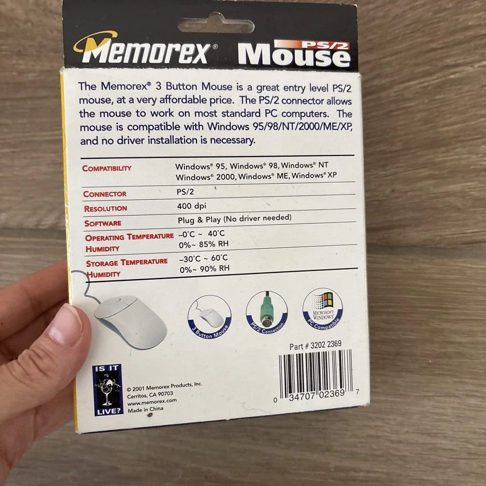Memorex PS/2 Mouse, PC - Windows, 3 Button, 400 dpi, Plug & Play In Box Untested